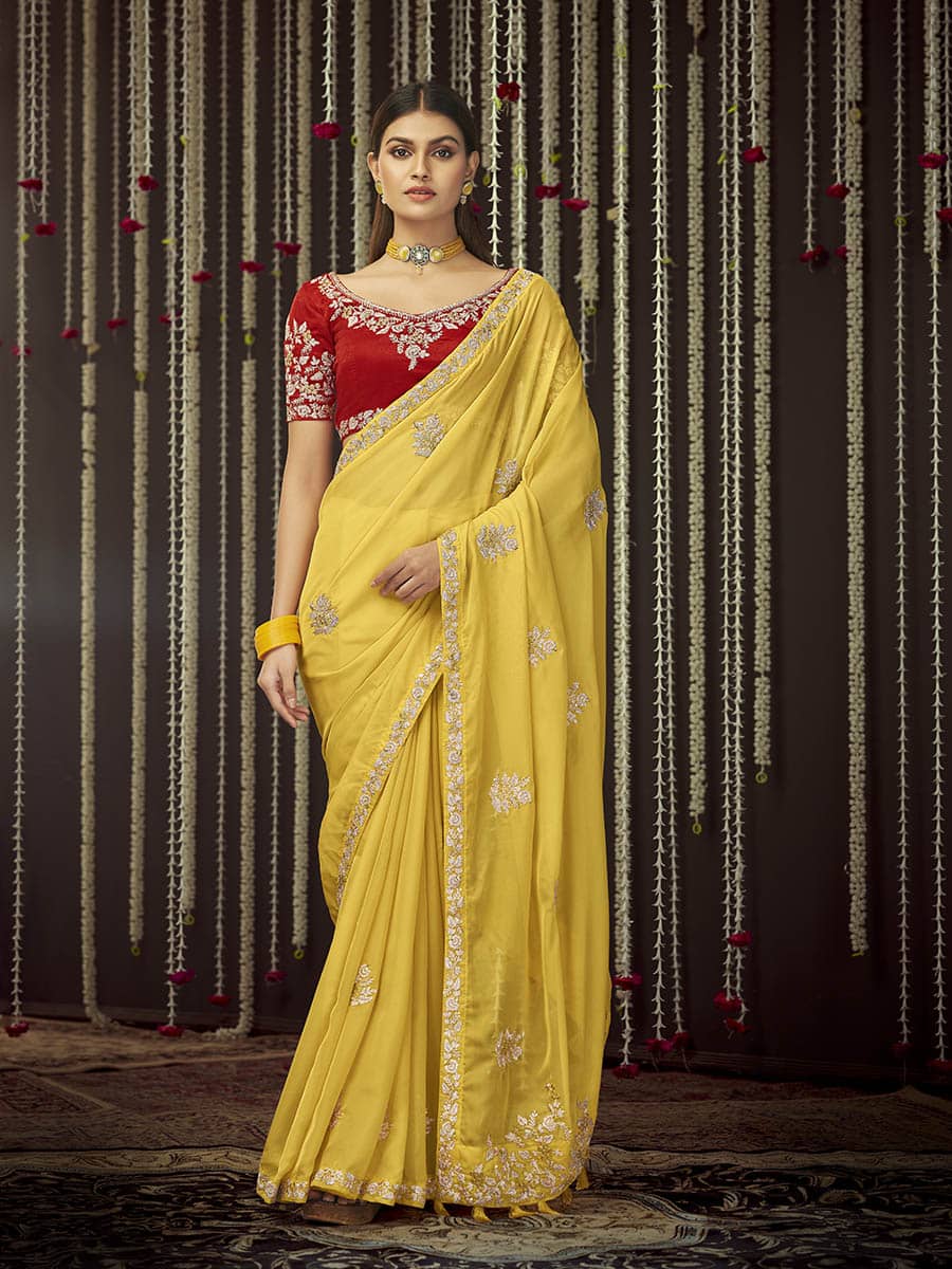 Mustard Art Silk Heavy Embroidered Designer Saree