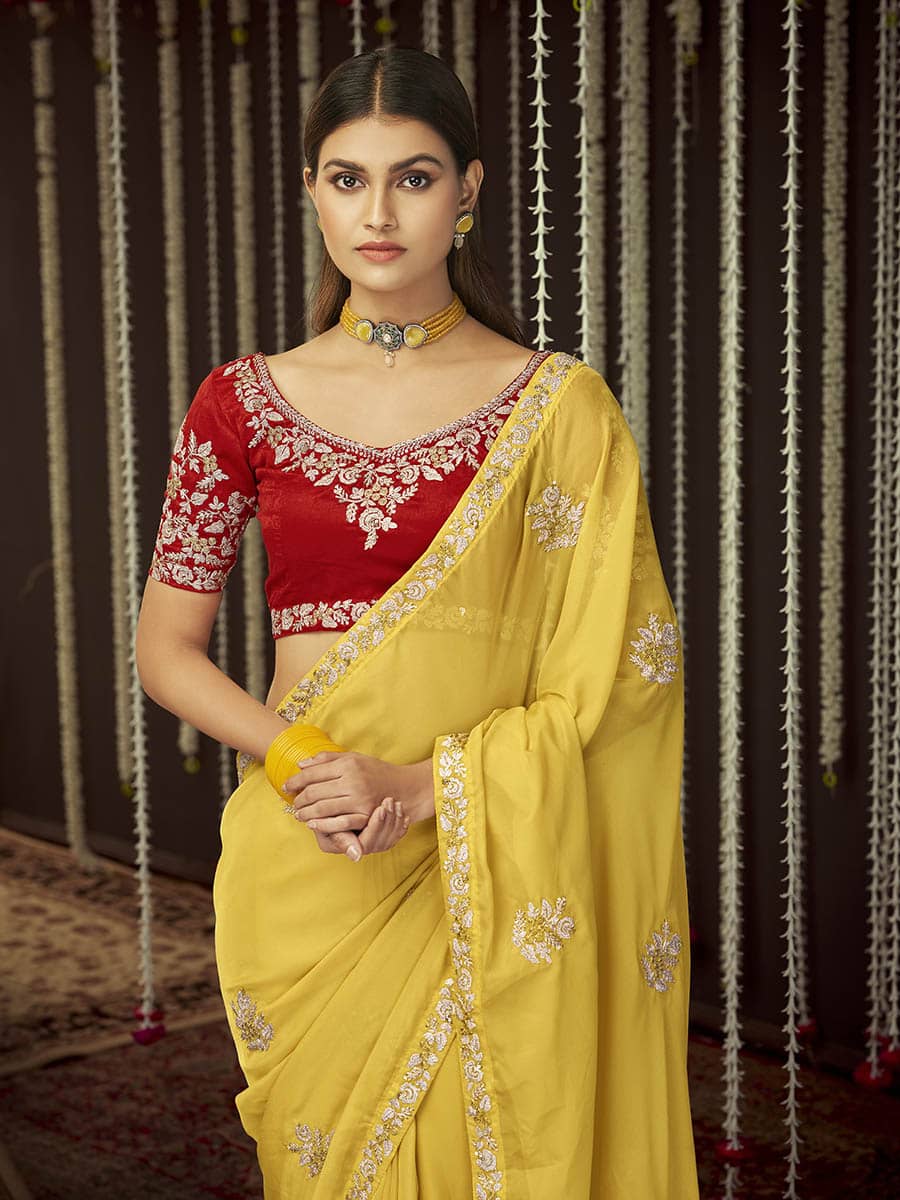 Mustard Art Silk Heavy Embroidered Designer Saree