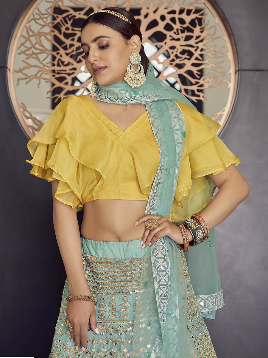 Turquoise Organza Embroidered Designer Lehenga