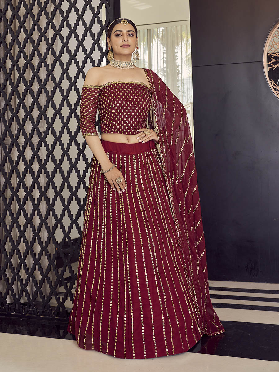 Maroon Georgette Embroidered Designer Lehenga