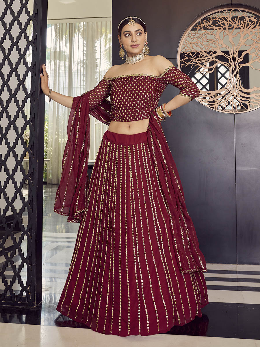 Maroon Georgette Embroidered Designer Lehenga