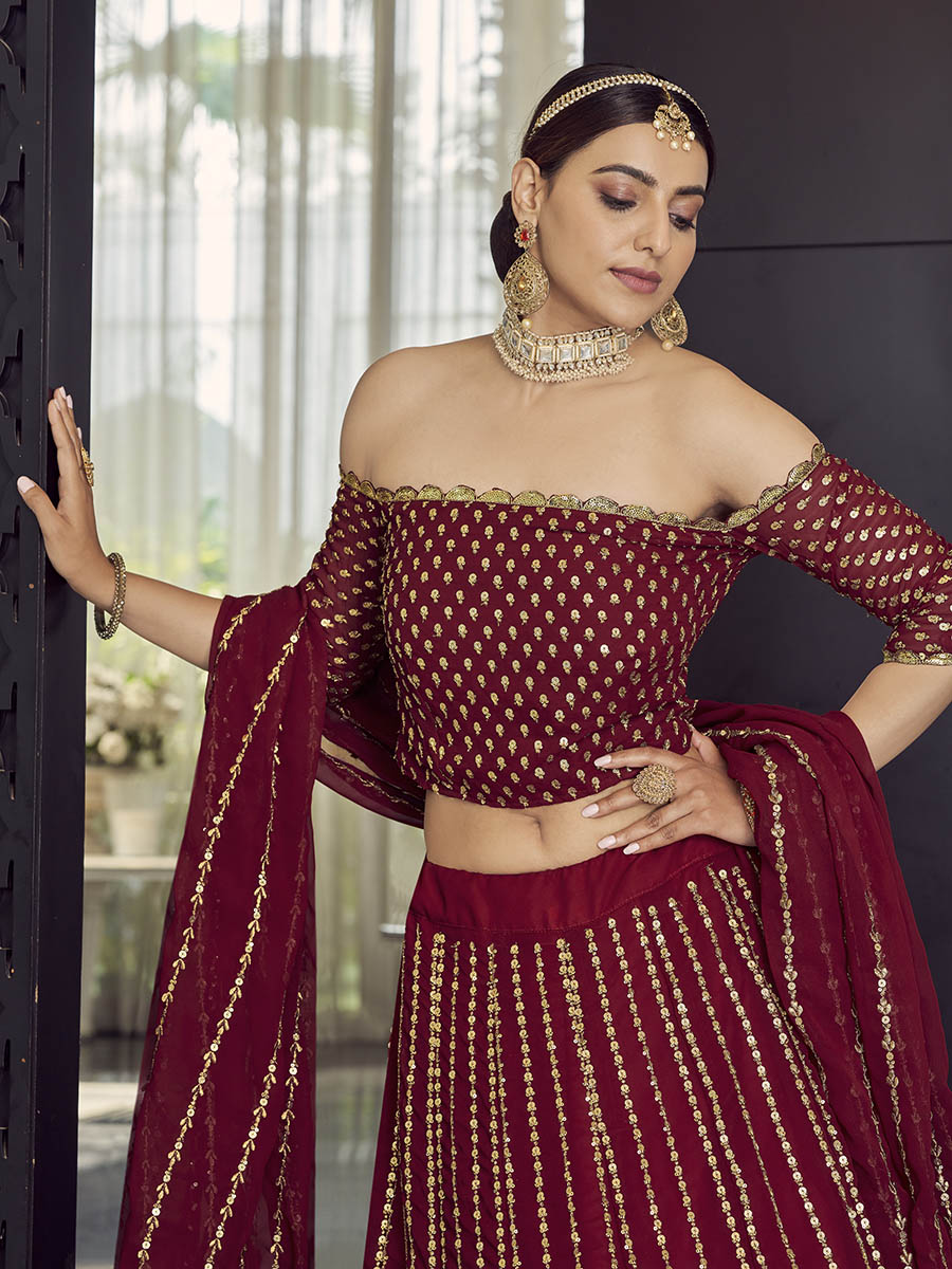 Maroon Georgette Embroidered Designer Lehenga