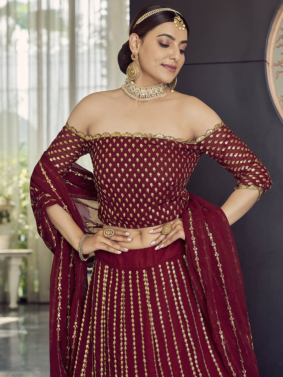 Maroon Georgette Embroidered Designer Lehenga