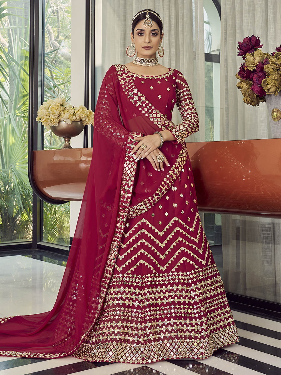 Coral Red Georgette Embroidered Designer Lehenga