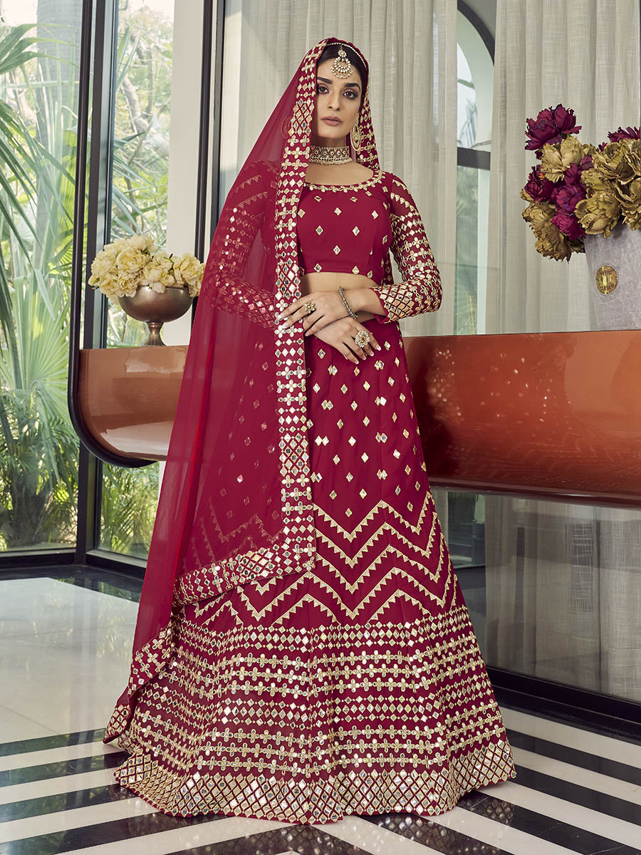 Coral Red Georgette Embroidered Designer Lehenga