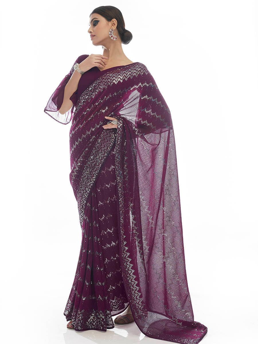 Wine Georgette Embroidered Designer Saree