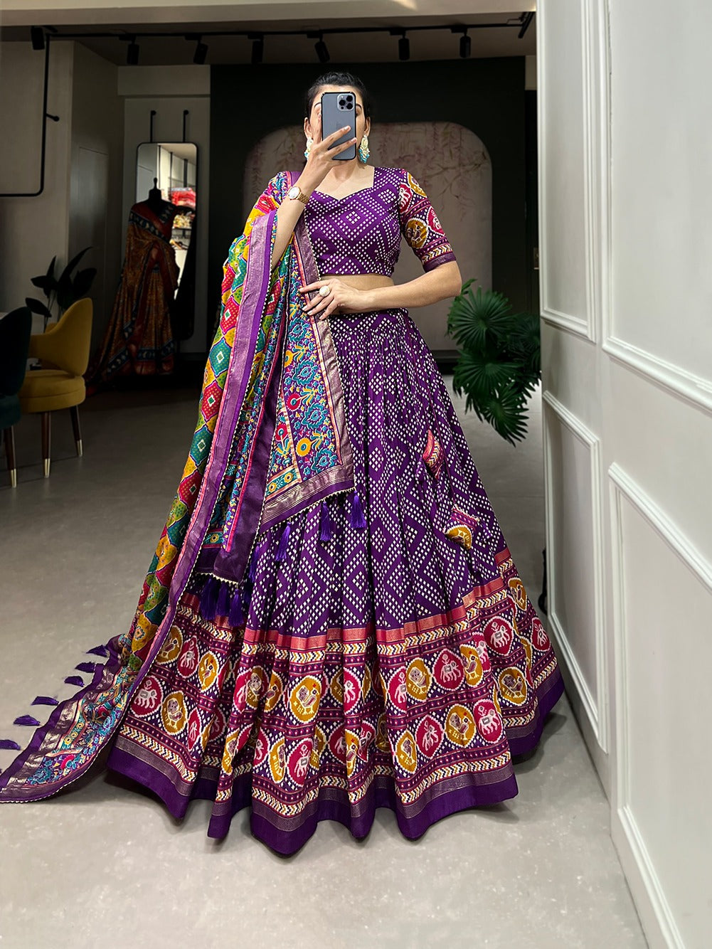 Beautifully Printed Bandhej And Patola Tussar Silk Lehenga Choli