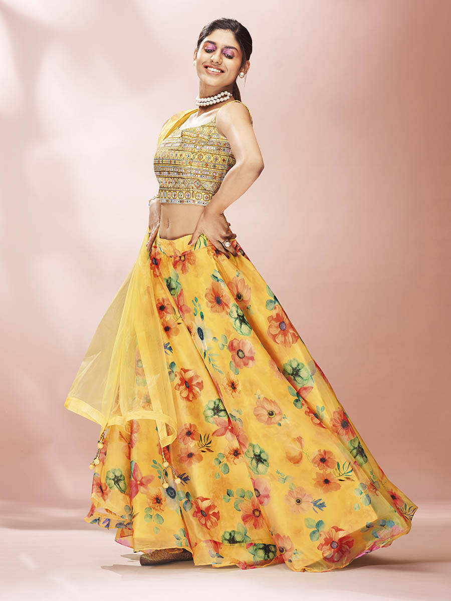 Yellow Art Silk Embroidered Mirror Work Lehenga
