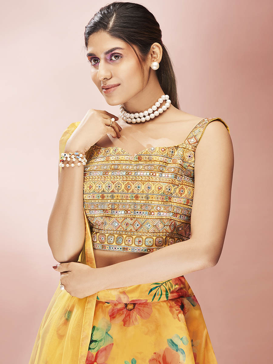 Yellow Art Silk Embroidered Mirror Work Lehenga