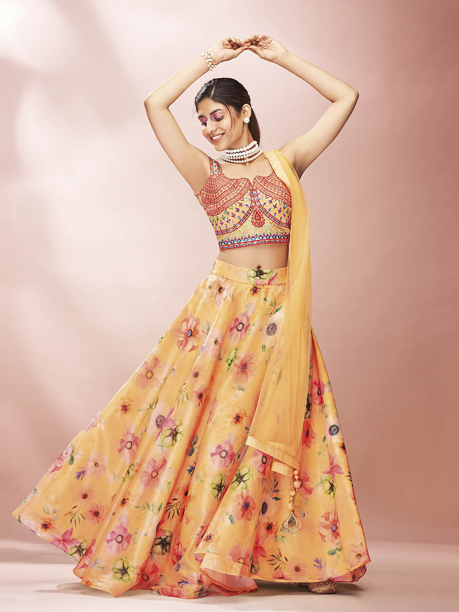 Mustard Art Silk Embroidered Mirror Work Lehenga