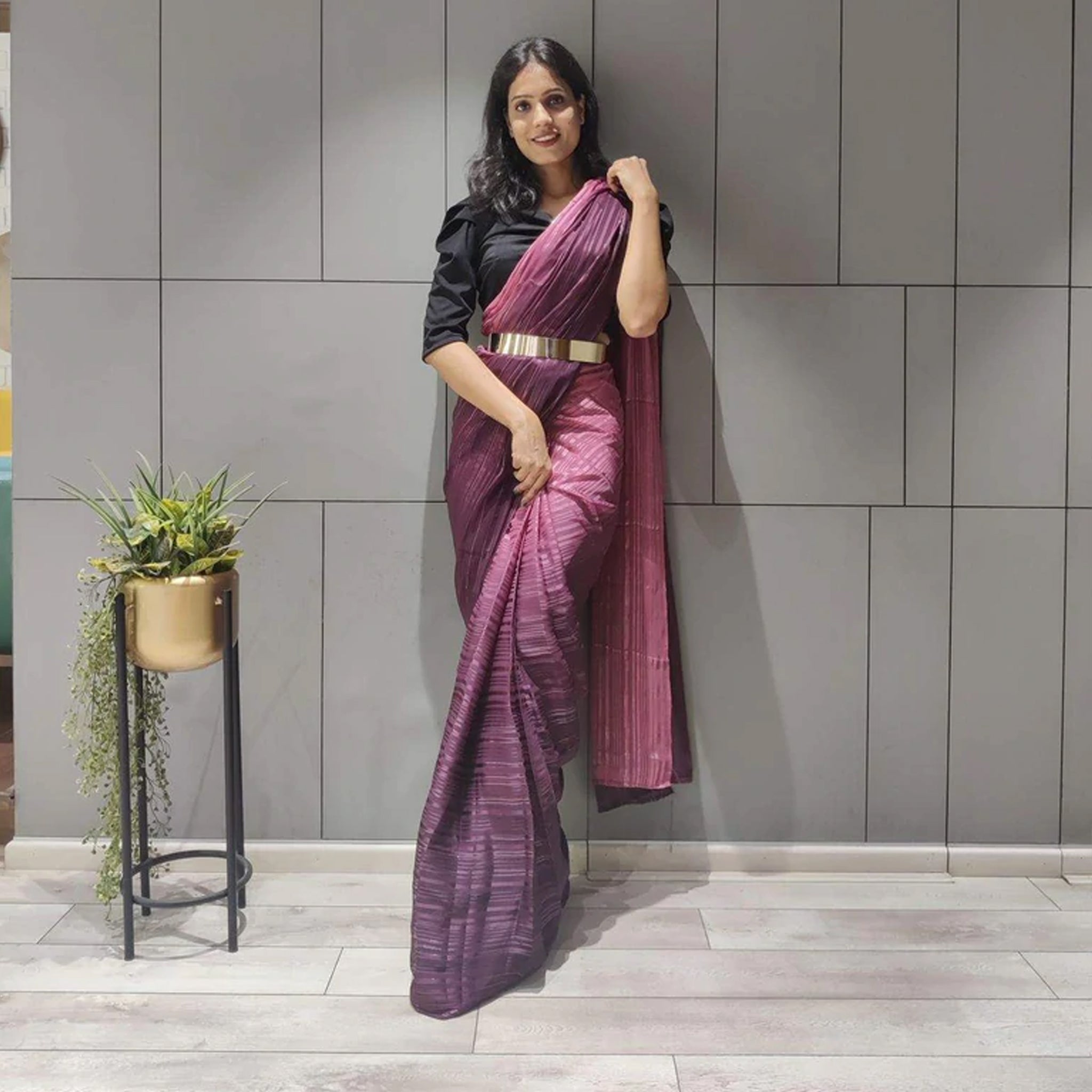 Ready to Wear Chiffon Saree with Metal Belt