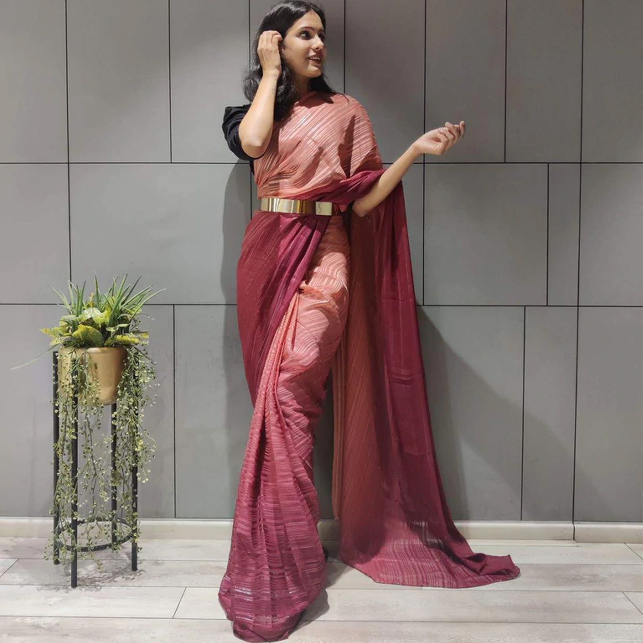 Ready to Wear Chiffon Saree with Metal Belt