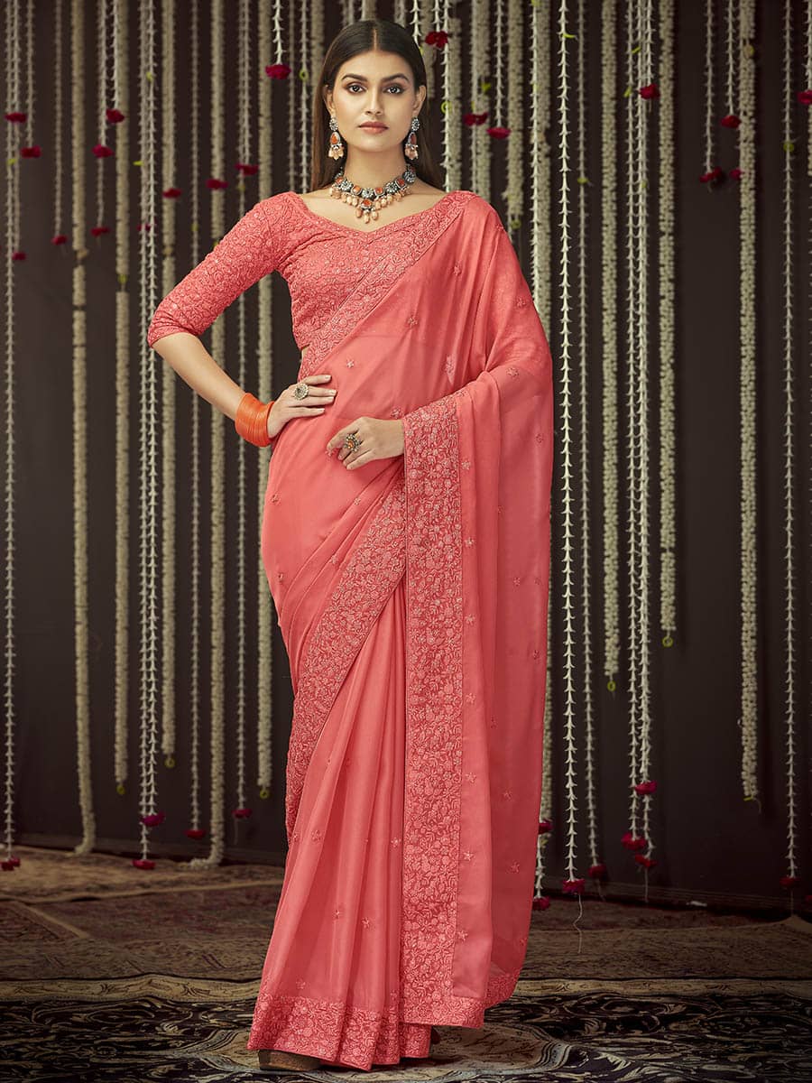 Peach Organza Heavy Embroidered Saree