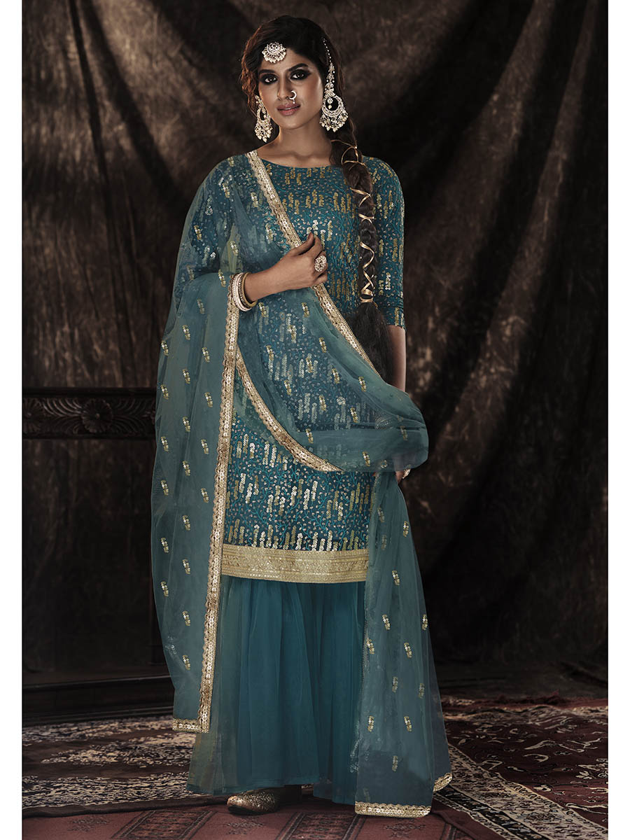 Dark Firozi Net Embroidered Sharara Suit