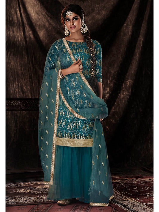 Dark Firozi Net Embroidered Sharara Suit