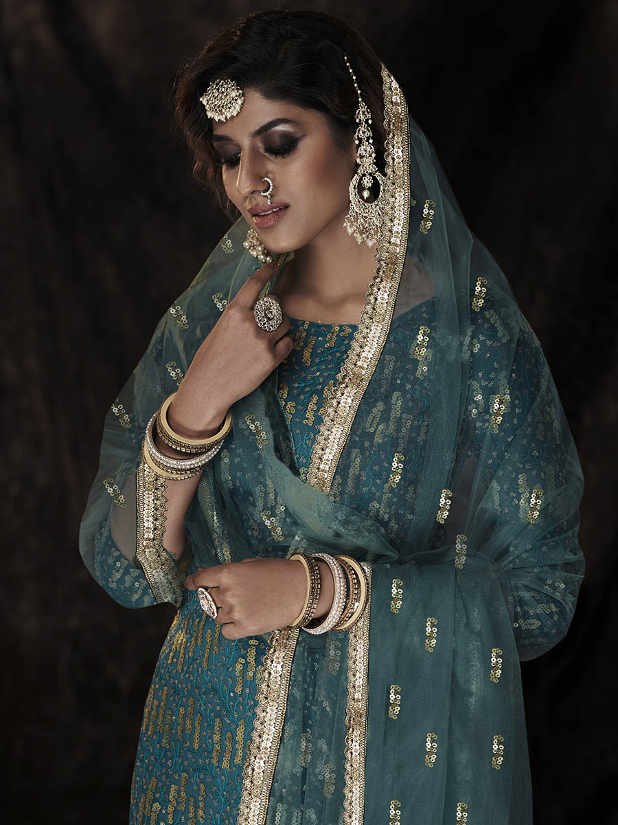 Dark Firozi Net Embroidered Sharara Suit