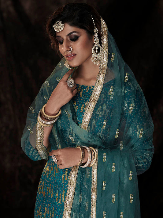 Dark Firozi Net Embroidered Sharara Suit