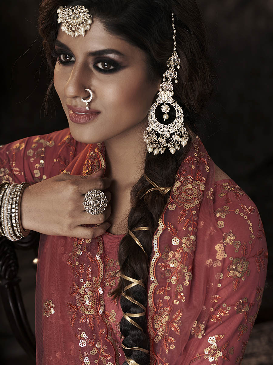 Dark Orange Net Embroidered Sharara Suit