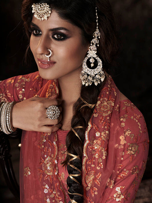 Dark Orange Net Embroidered Sharara Suit