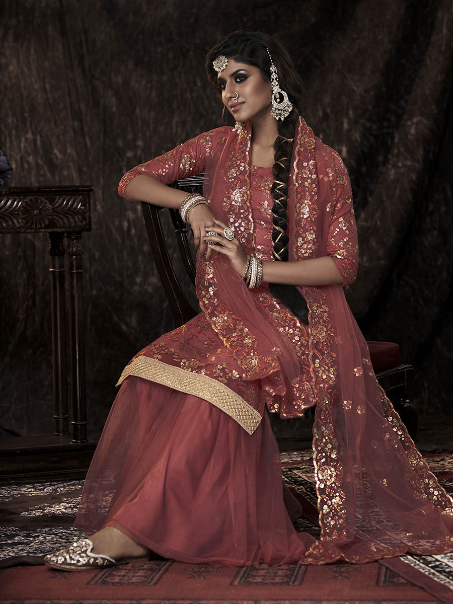 Dark Orange Net Embroidered Sharara Suit
