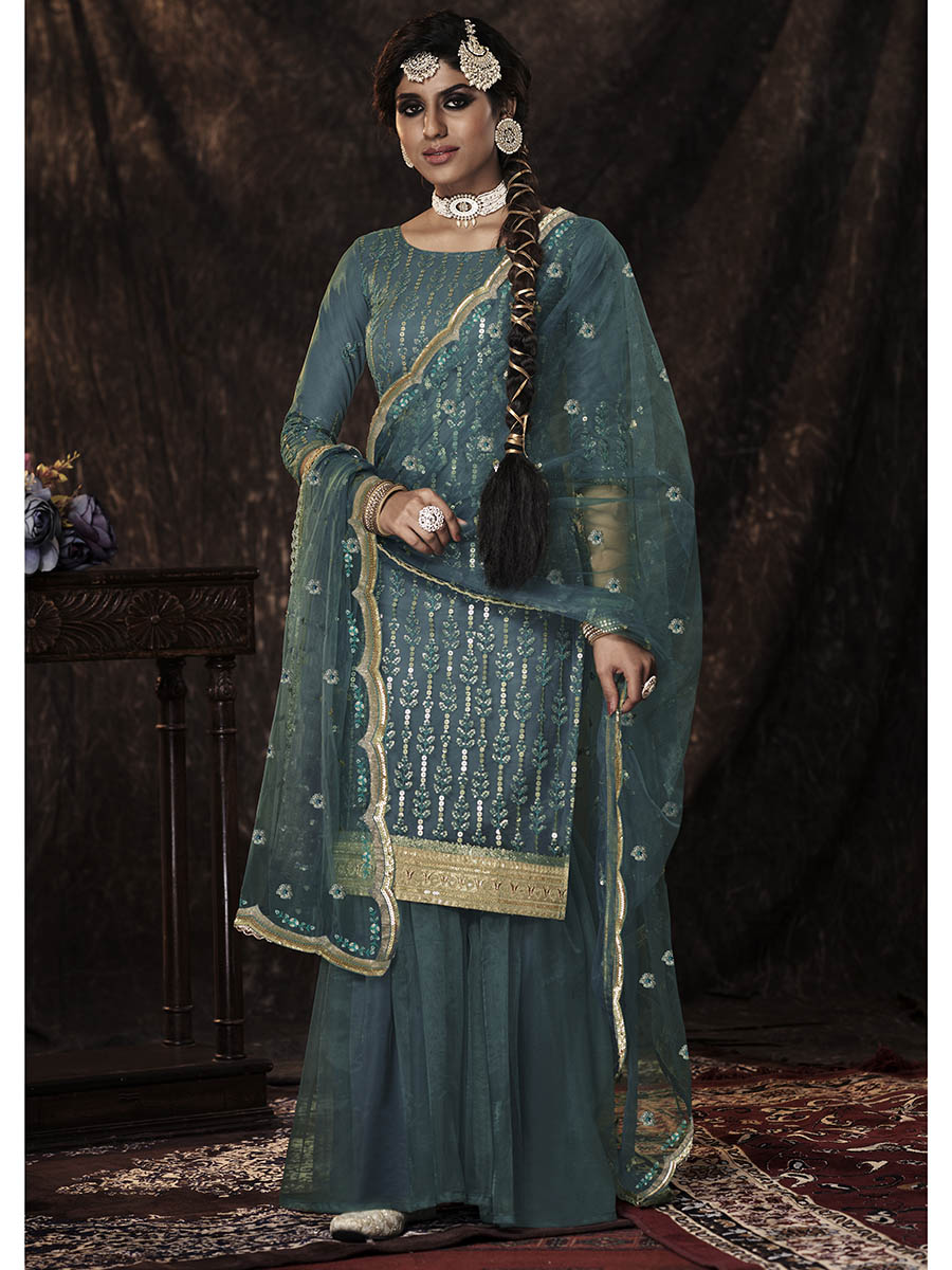 Dark Firozi Net Embroidered Sharara Suit