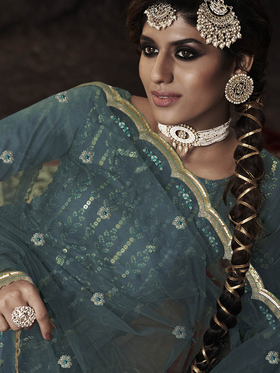 Dark Firozi Net Embroidered Sharara Suit