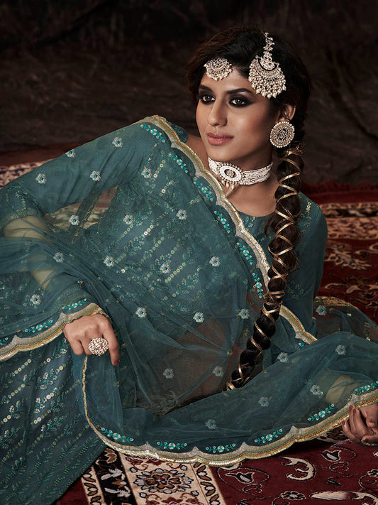 Dark Firozi Net Embroidered Sharara Suit