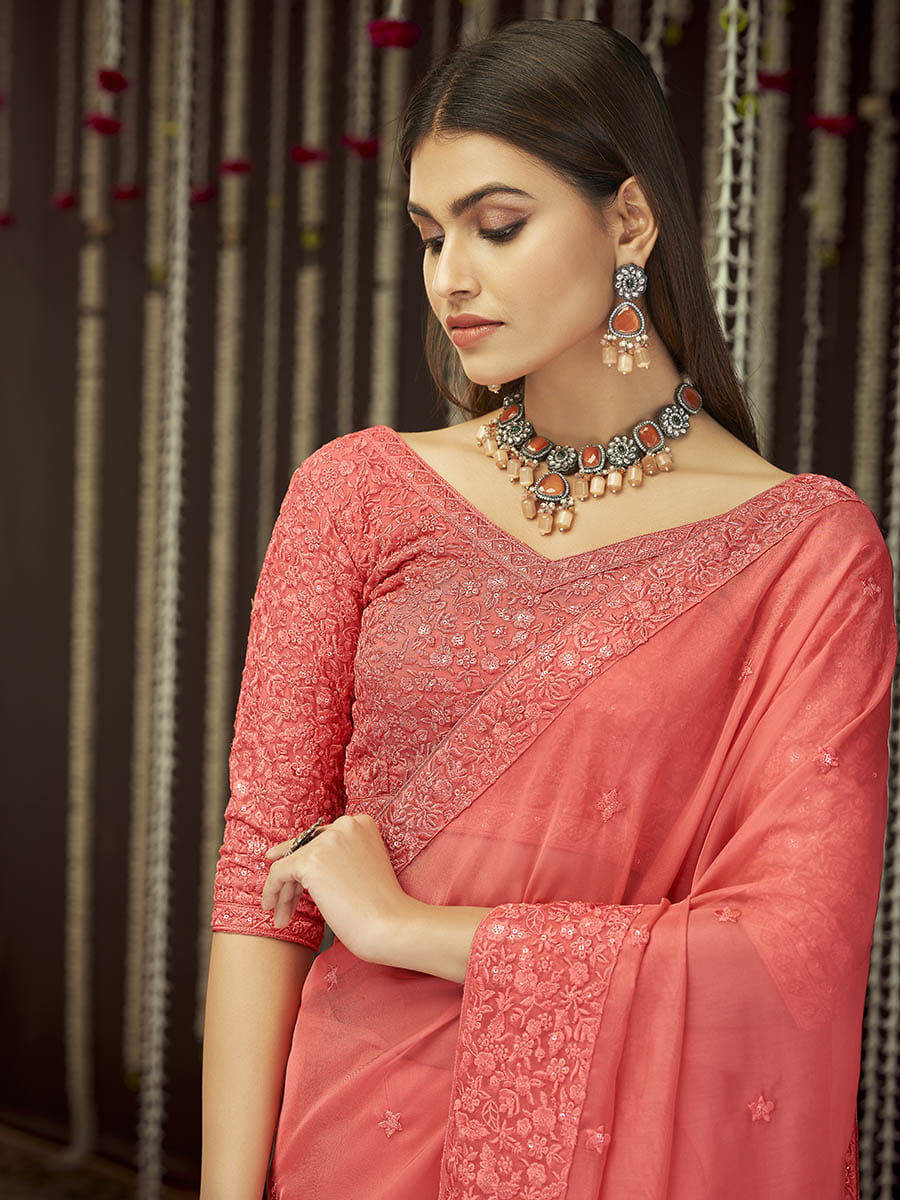 Peach Organza Heavy Embroidered Saree