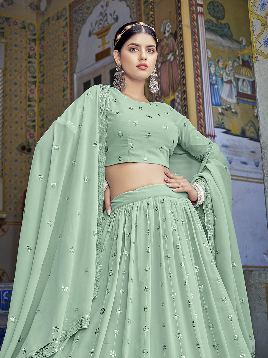 Pista Green Georgette Embroidered Designer Lehenga Choli