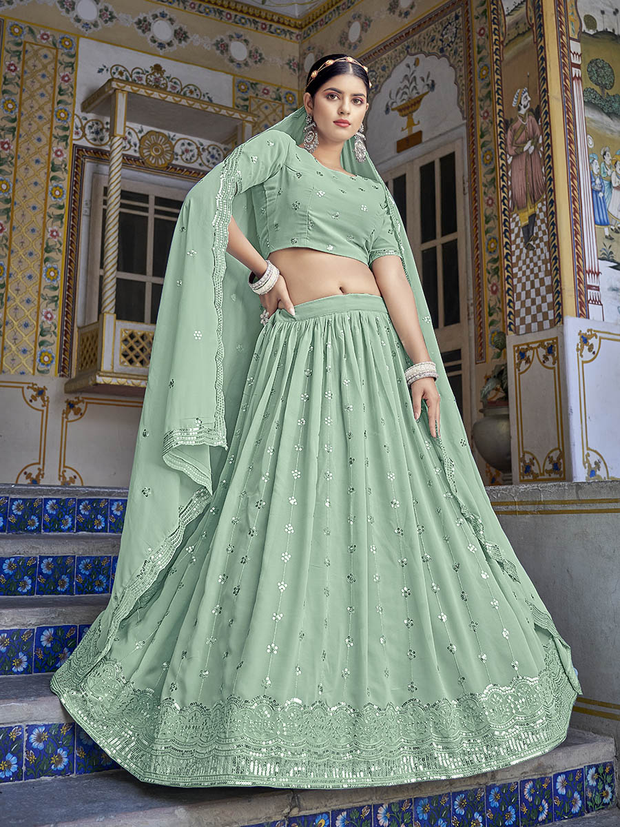 Pista Green Georgette Embroidered Designer Lehenga Choli