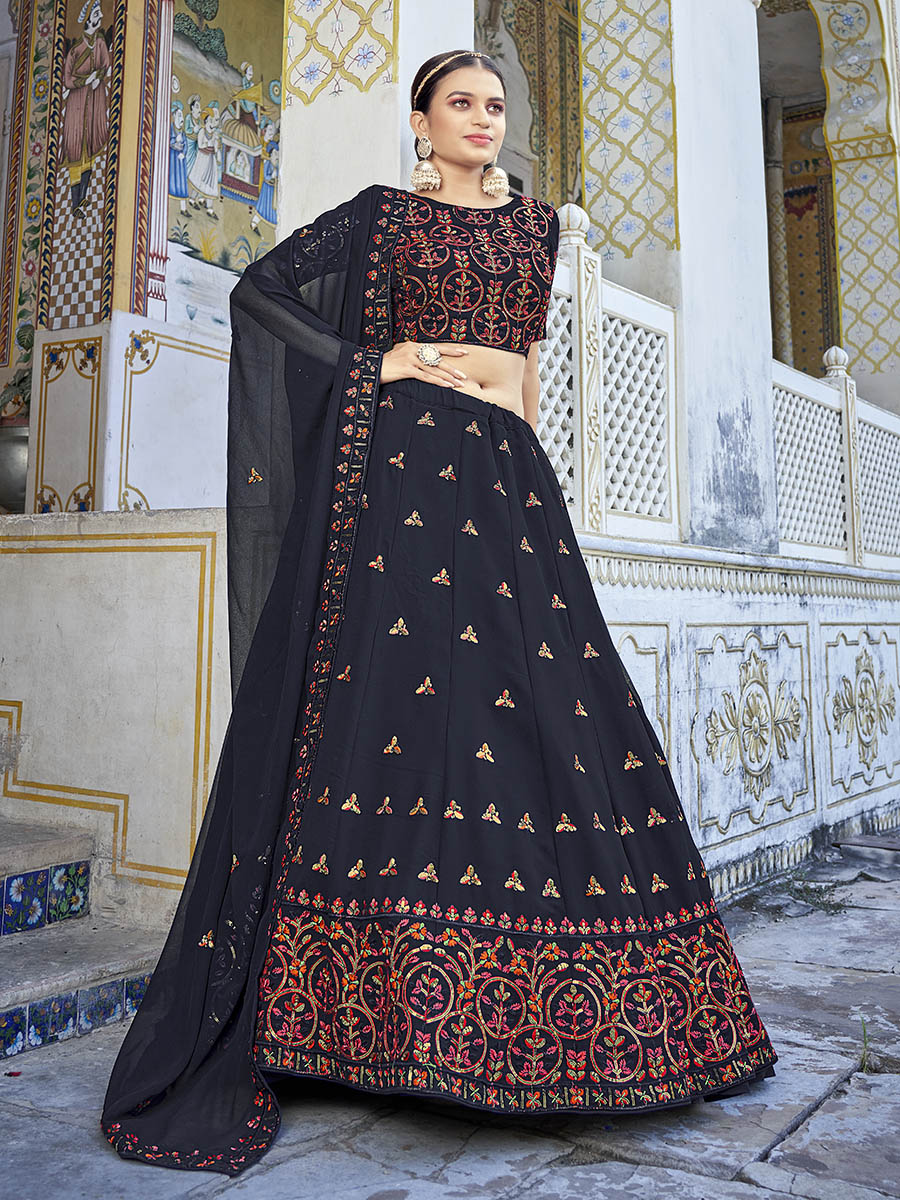 Navy Blue Georgette Embroidered Designer Lehenga Choli