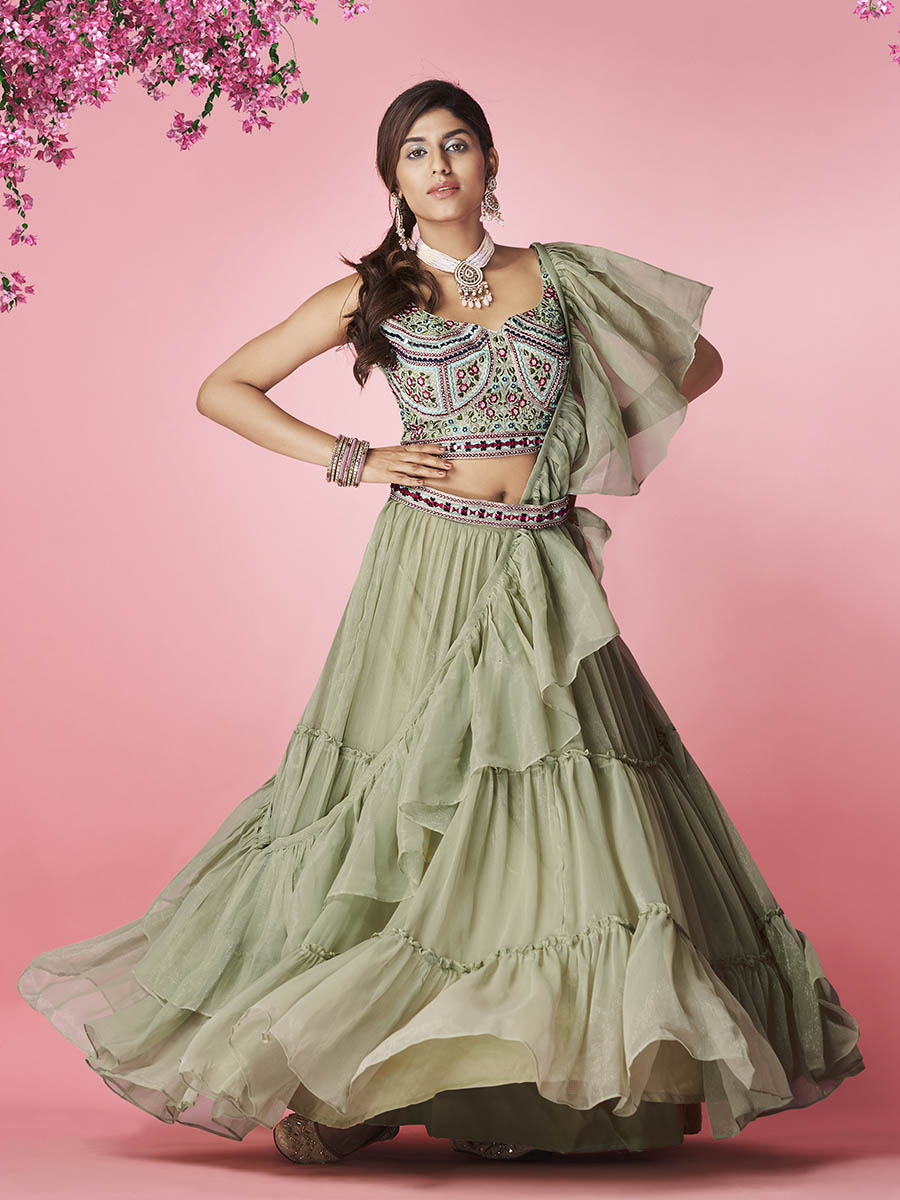 Olive Green Art Silk Designer Lehenga