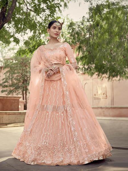 Peach Soft Net Heavy Embroidered Lehenga