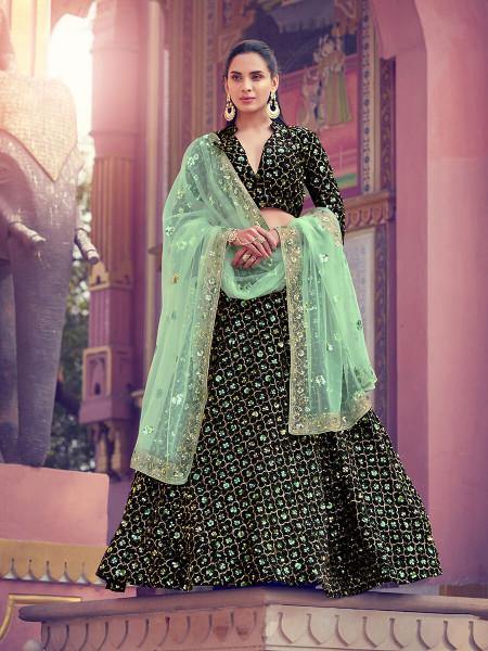 Black Heavy Embroidered Fur Lehenga