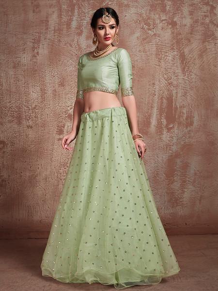 Pista Green Soft Net Heavy Embroidered Lehenga