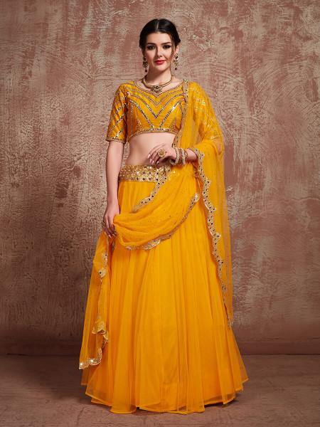 मस्टर्ड सॉफ्ट नेट भारी कढ़ाई वाला लहंगा