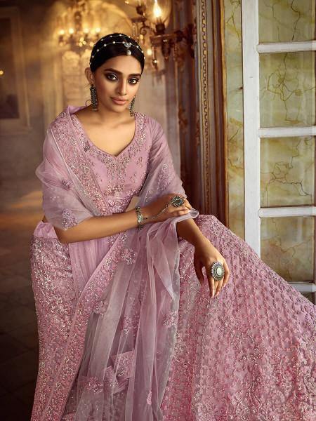 Pink Soft Net Heavy Embroidered Lehenga