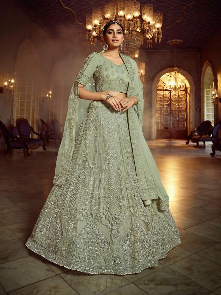 Green Soft Net Heavy Embroidered Lehenga