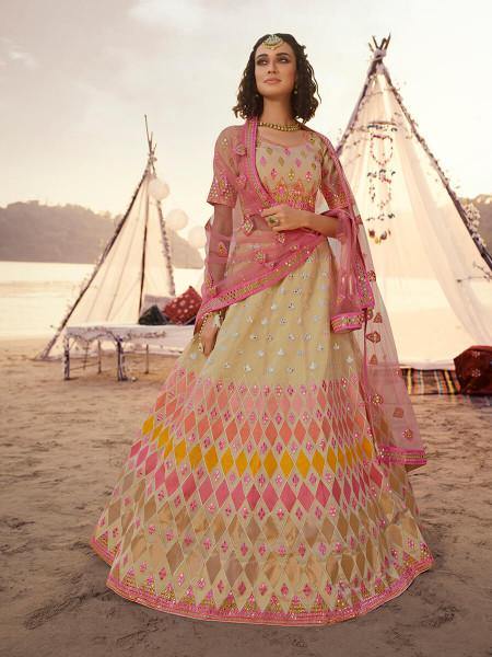 Beige Embroidered Organza Lehenga