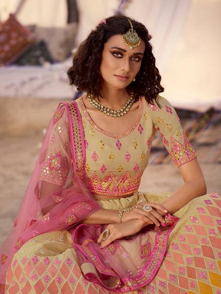 बेज कढ़ाई वाला ऑर्गेंजा लहंगा