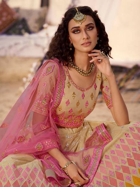 Beige Embroidered Organza Lehenga