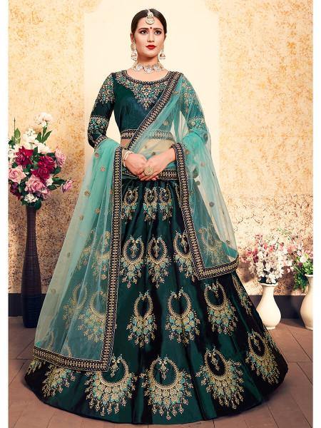 Dark Green Satin Embroidered Lehenga