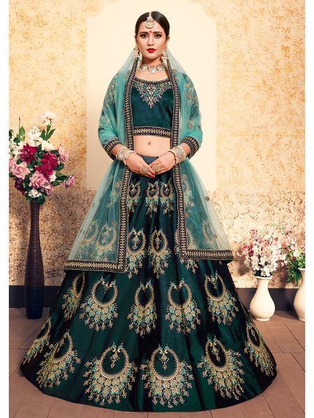 Dark Green Satin Embroidered Lehenga