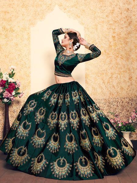 Dark Green Satin Embroidered Lehenga