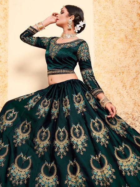 Dark Green Satin Embroidered Lehenga