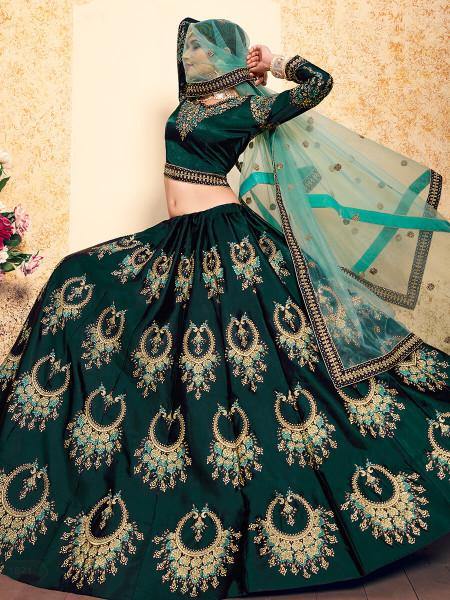 Dark Green Satin Embroidered Lehenga