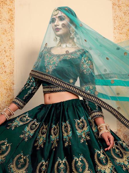 Dark Green Satin Embroidered Lehenga