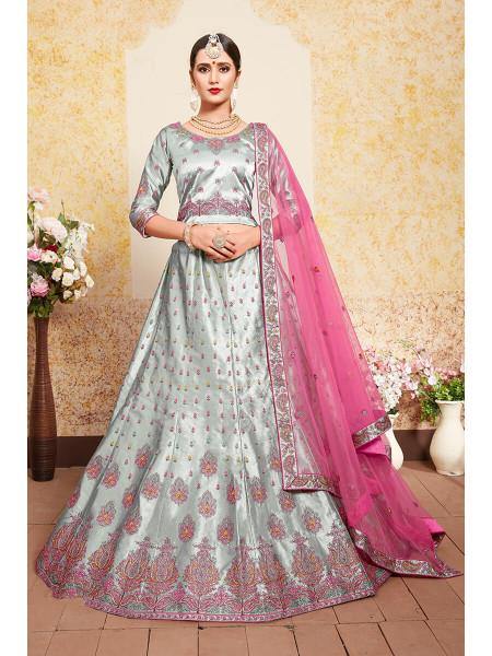 Grey Satin Embroidered Lehenga