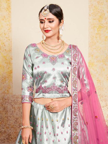 Grey Satin Embroidered Lehenga