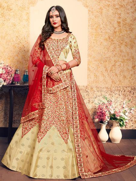 Beige Satin Embroidered Lehenga